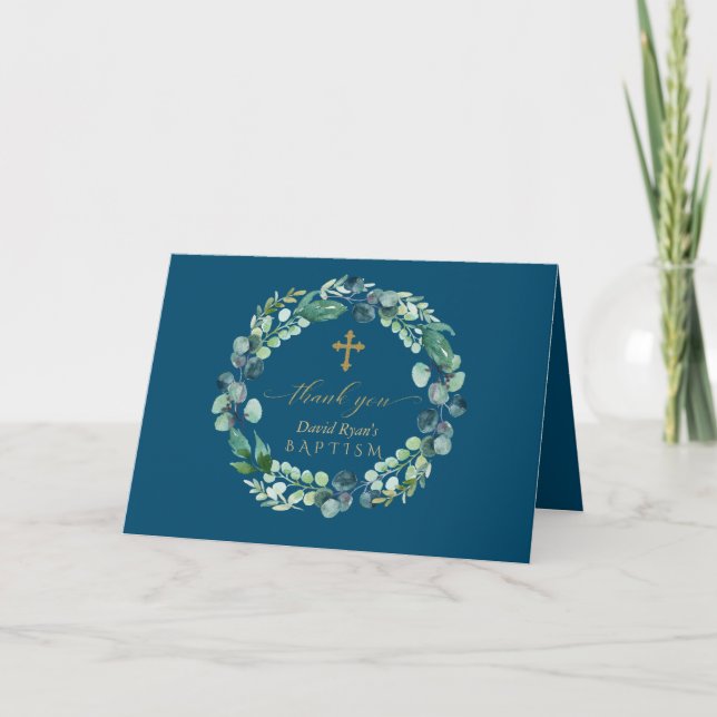 Charm Eucalyptus Utandning Guld Photo Boy Baptism Tack Kort (Framsida)