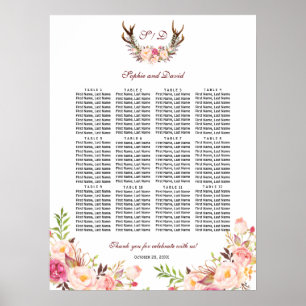 Charm Flowers Antlers Bröllop Sittdiagram Poster