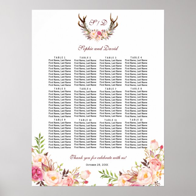 Charm  Flowers Antlers Bröllop Sittdiagram Poster (Framsidan)