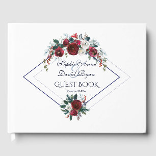 Charm Geometric Burgundy Navy Blue Blommigt Bröllo Gästböcker