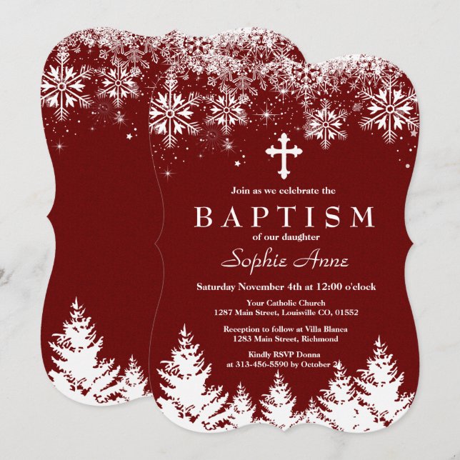 Charm Girl Winter Snöflingor Red Glitter Baptism Inbjudningar (Fram/baksida)