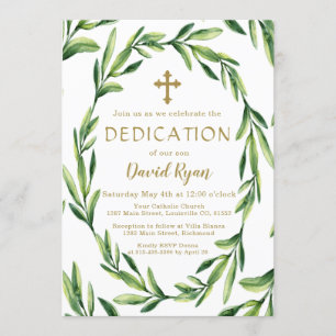 Charm Greenery Löv Wandan Guld Boy Dedication Inbjudningar