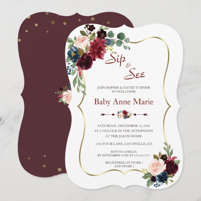Charm Guld Burgundy Blommigt Sip & See Baby Shower Inbjudningar (Fram/baksida)