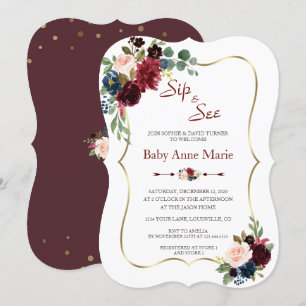 Charm Guld Burgundy Blommigt Sip & See Baby Shower Inbjudningar