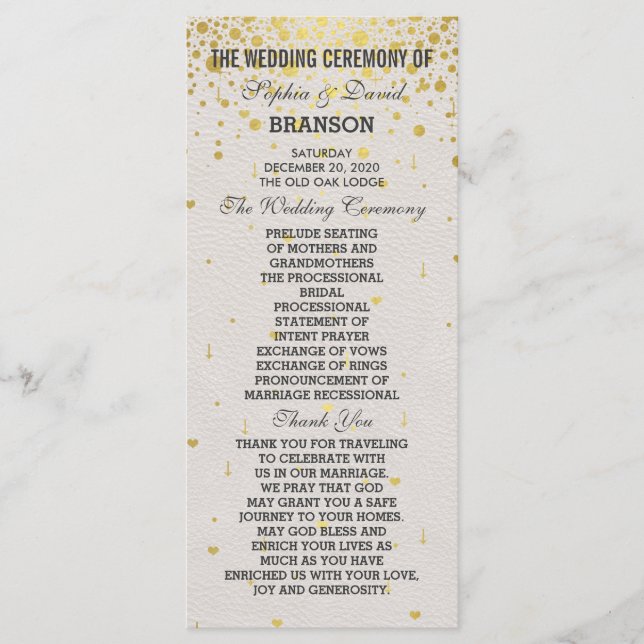 Charm Guld Confetti White Leather Bröllopsprogram Program (Framsida)