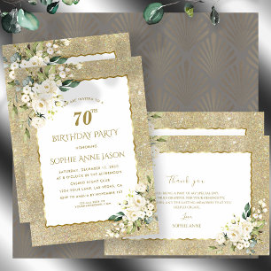 Charm Guld Glitter White Flowers 70:e födelsedagen Inbjudningar