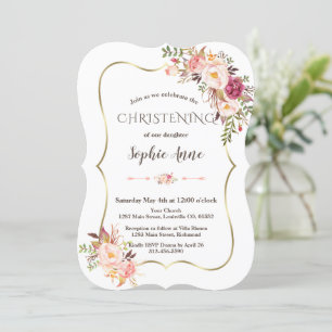 Charm Guld Ram Rosa Blommigt Christening Inbjudningar
