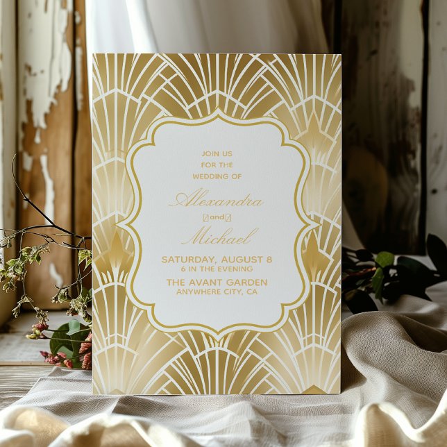 Charm Guld White Art Deco Underbar Gatsby Bröllop Inbjudningar (Skapare uppladdad)