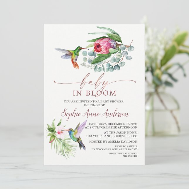 Charm Hummingbird Tropical Flowers Baby i Bloom Inbjudningar (Stående Fram)