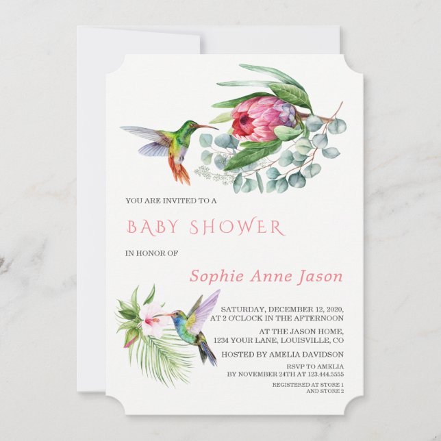 Charm Hummingbird Tropical Flowers Baby Shower Inbjudningar (Framsida)
