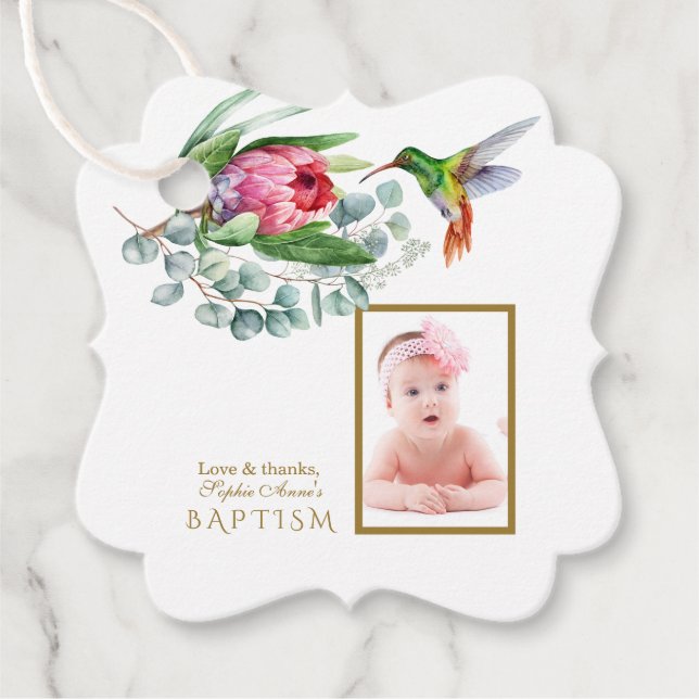 Charm Hummingbird Tropical Flowers Photo Baptism Gåvor Etiketter (Framsida)