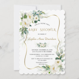 Charm Ivory White Flowers Guld Ram Baby Shower Inbjudningar