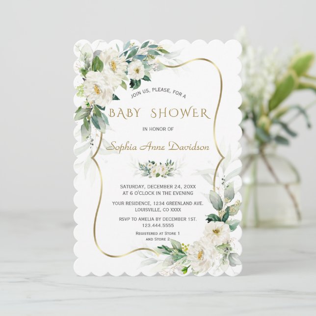 Charm Ivory White Flowers Guld Ram Baby Shower Inbjudningar (Stående Fram)