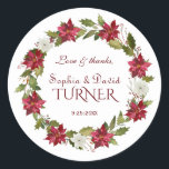 Charm jul Red White Poinsettia Bröllop Runt Klistermärke<br><div class="desc">Utformning av elegant med vackra vattenfärgade röda och vita poinsettia-andetag,  blommigt-delare,  vackert handskriftsskript och speciellt typsnitt. Använda Anpassa verktyg om du vill lägga till information,  gör ändringar. Om du vill ha matchande objekt kan du besöka min poinsettia-samling för vinter-händelser.</div>