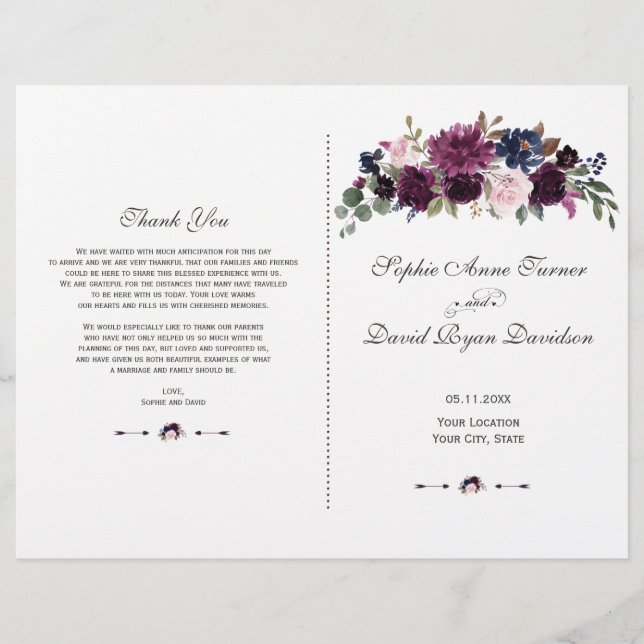 Charm Lavendel Navy Floral Blommande Bröllopsprogr (Framsida)