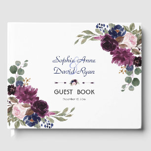Charm Lavender Navy Blue Blommigt Bloom Bröllop Gästböcker