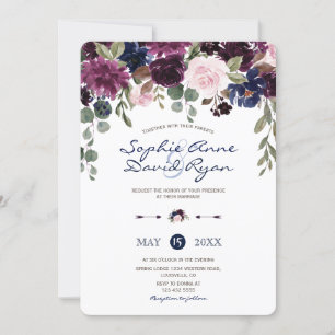 Charm Lavender Navy Blue Blommigt Bloom Bröllop Inbjudningar