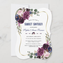 Charm Lavender Navy Guld Blommigt Bloom Sweet 16 Inbjudningar