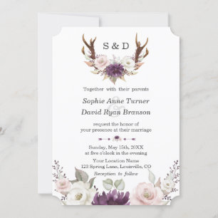 Charm Lavender Rosa Blommigt Antlers Bröllop Inbjudningar