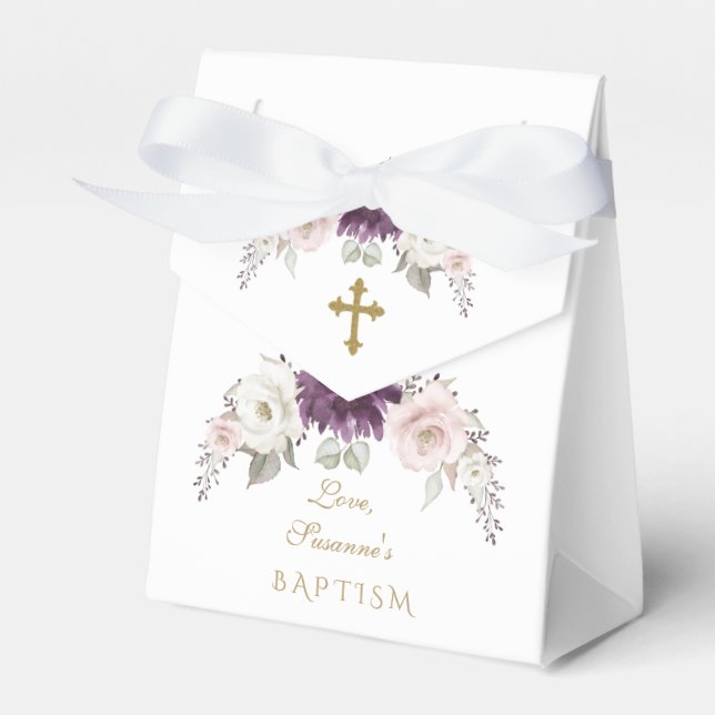 Charm Lavender Rosa  Flowers Monogram Baptism Presentaskar (Framsidan Sidan)