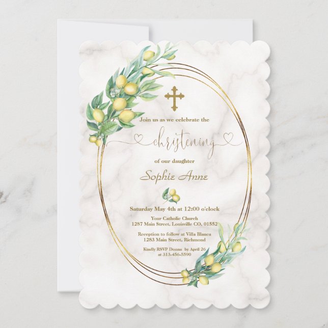 Charm Lemon Fruits Marble Calligraphy Christening Inbjudningar (Framsida)