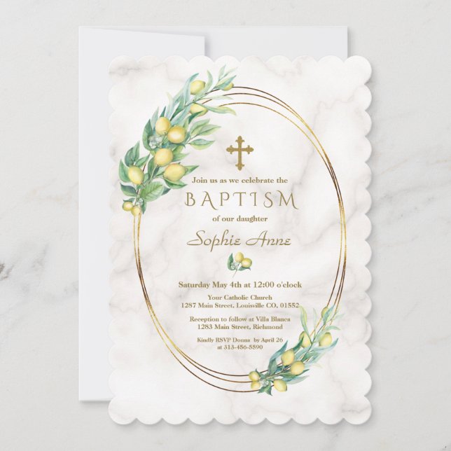 Charm Lemon Fruits Marble Guld Kor Baptism Inbjudningar (Framsida)