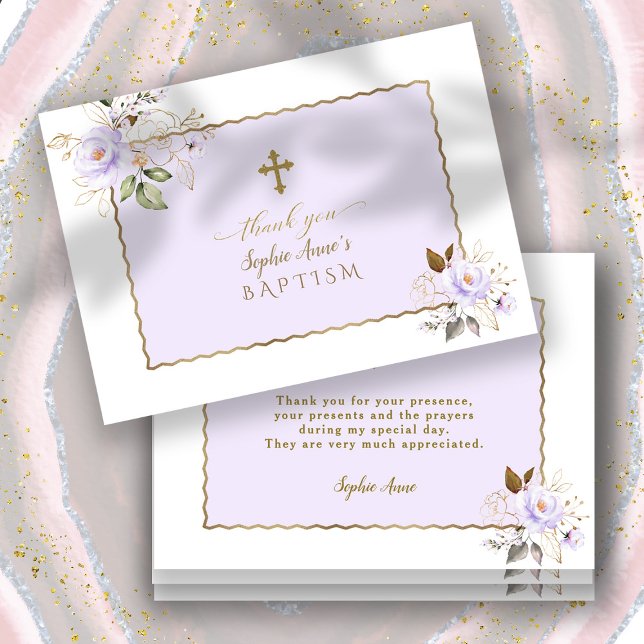 Charm Light Lila Guld Flowers Girl Baptism Tack Kort (floral baptism thank you, gold light purple baptism thank you, trendy elegant modern baptism card)