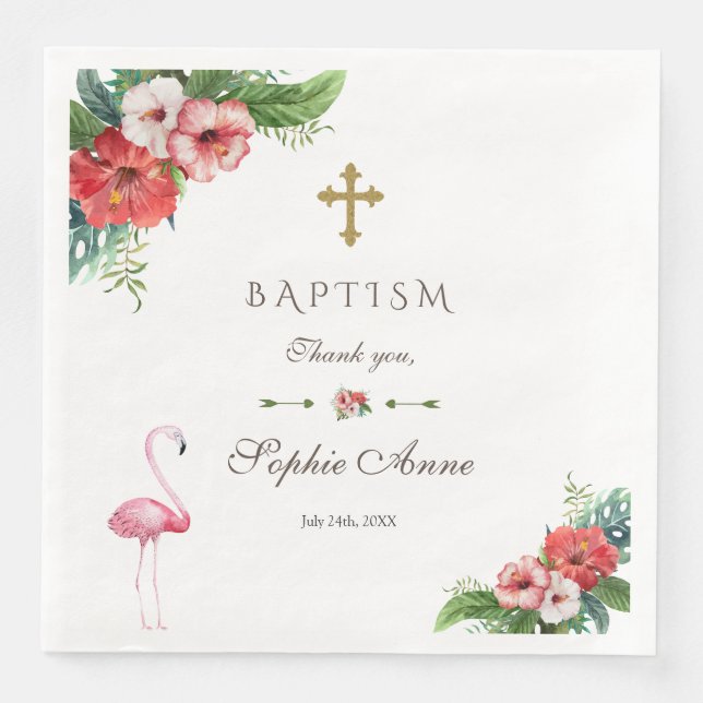 Charm Luau Flamingo Tropical Blommigt Baptism Inbj Pappersservett (Framsida)