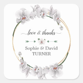 Charm Luau Watercolor White Orchid Guld Bröllop Fyrkantigt Klistermärke
