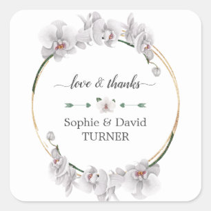 Charm Luau Watercolor White Orchid Guld Bröllop Fyrkantigt Klistermärke