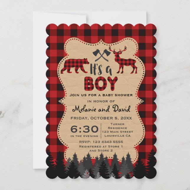 Charm Lumberjack Red Buffalo Boy Shower Inbjudningar (Framsida)