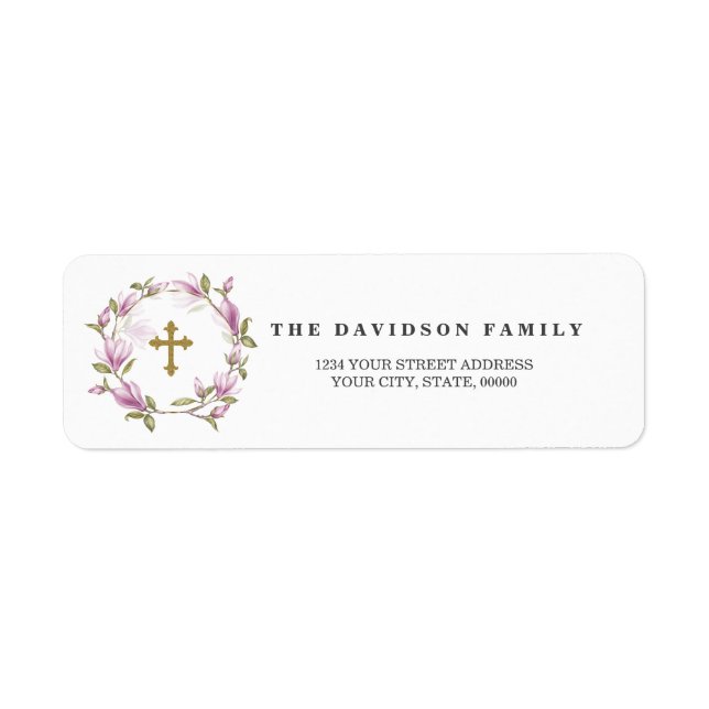 Charm Magnolia Flowers Guld Baptism Returadress  Etikett (Framsidan)