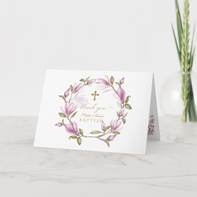 Charm Magnolia Flowers Guld Photo Girl Baptism Tack Kort (Framsida)