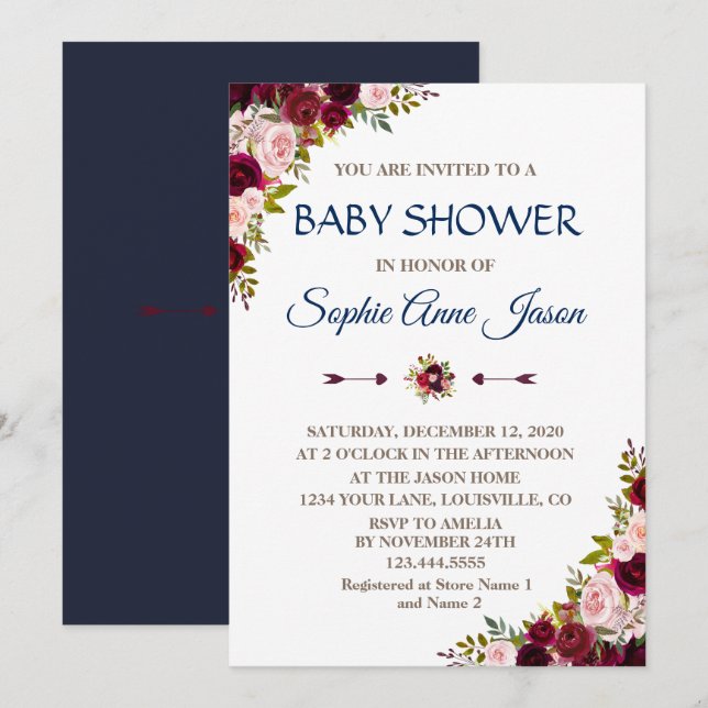 Charm Marsala Blommigt Fall Navy Blue Baby Shower Inbjudningar (Fram/baksida)