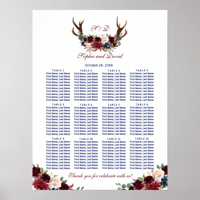 Charm Merlot Navy Blommigt Antlers Sittdiagram Poster (Framsidan)