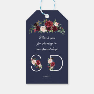 Charm Merlot Navy Blue Blommigt Monogram Bröllop Presentetikett