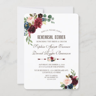 Charm Merlot Navy Blue Blommigt Rehearsal Dinner Inbjudningar
