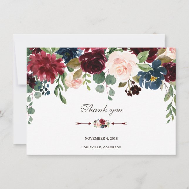 Charm Merlot Navyblå Blommig Bröllop Tack Inbjudningar (Framsida)