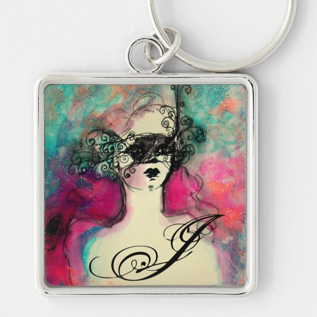 CHARM MONOGRAM / Mysterisk skönhet med mask Fyrkantig Silverfärgad Nyckelring (Framsidan)