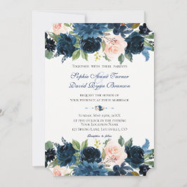 Charm Navy Blue  Blommigt Bloom Bröllop Inbjudningar