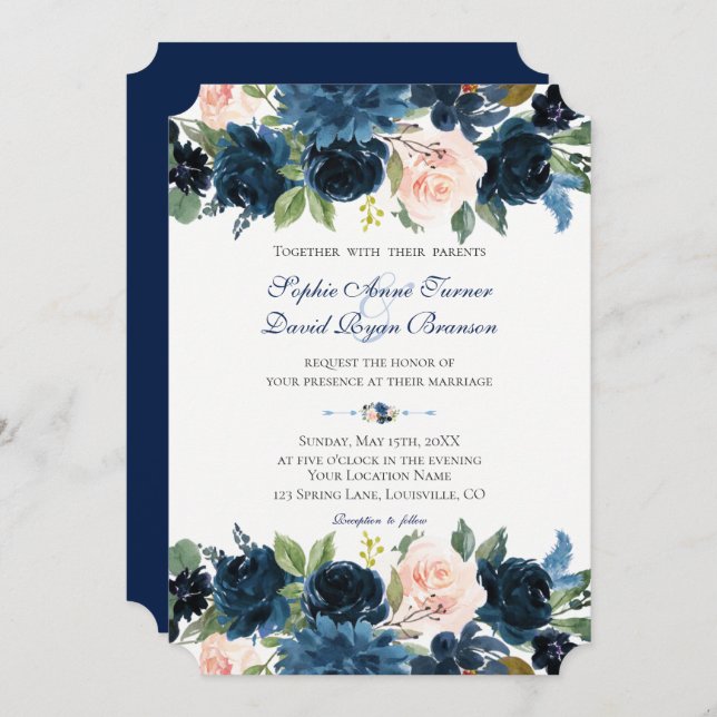 Charm Navy Blue  Blommigt Bloom Bröllop Inbjudningar (Fram/baksida)