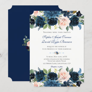 Charm Navy Blue Blommigt Bloom Bröllop Inbjudningar