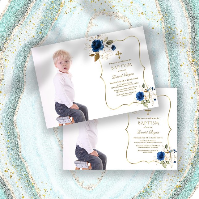 Charm Navy Blue Blommigt Guld Boy Photo Baptism Inbjudningar (blue flowers boy photo baptism, trendy blue floral photo baptism, blue gold boy photo baptism)