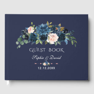 Charm Navy Blue Flowers Bloom Bröllop Gästböcker