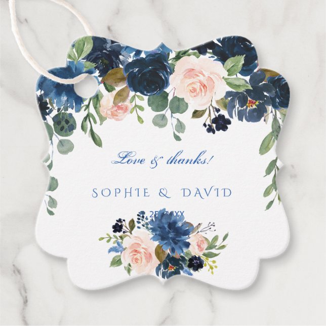 Charm Navy Blue  Flowers Bloom Bröllop Gåvor Etiketter (Framsida)