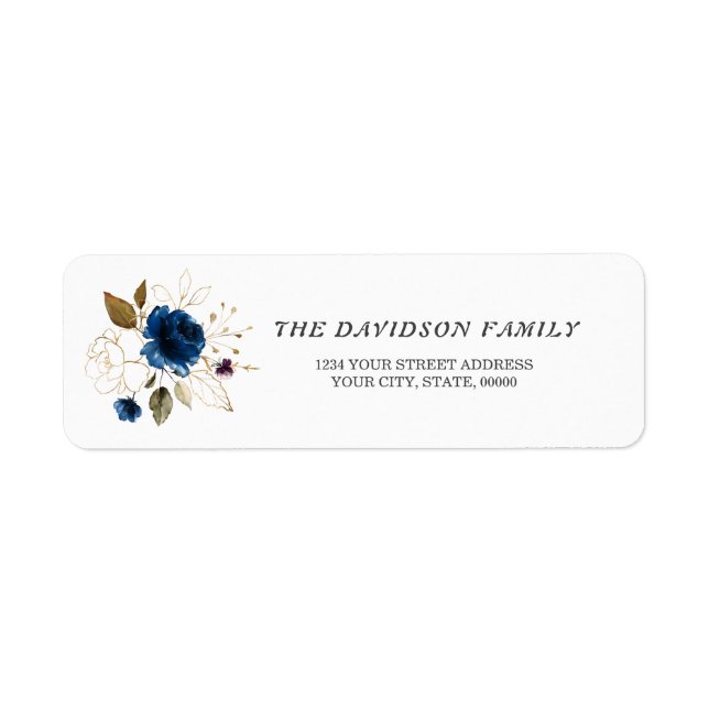 Charm Navy Blue Guld Blommigt Baptism Returadress Etikett (Framsidan)