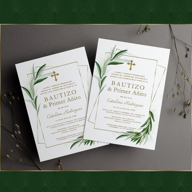 Charm Olive Guld Spansk flicka 1:a födelsedagsbapt Inbjudningar (Skapare uppladdad)