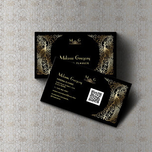 Charm QR Code Guld Art Deco Peacocks Professionell Visitkort