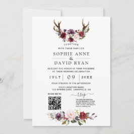 Charm QR-kod Watercolor Flowers Antlers Bröllop Inbjudningar