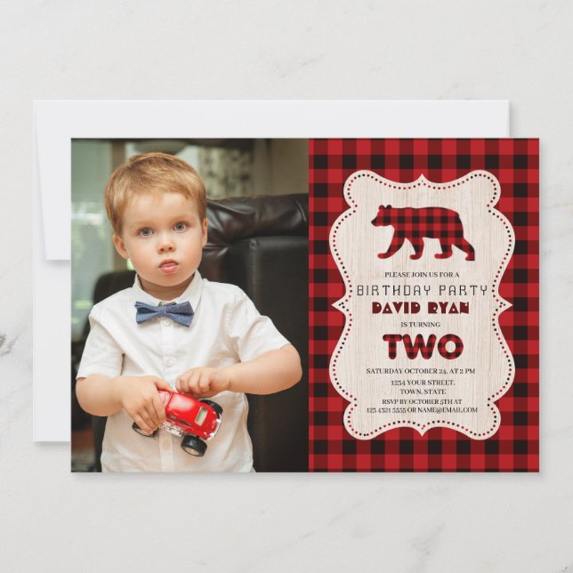 Charm Red Buffalo Lumberjack Photo 2nd Birthday Inbjudningar (Framsida)